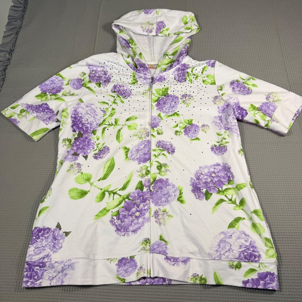 Quacker Factory Coverup Top M White Purple Hydrangea Rhinestone Zip Up Short Slv